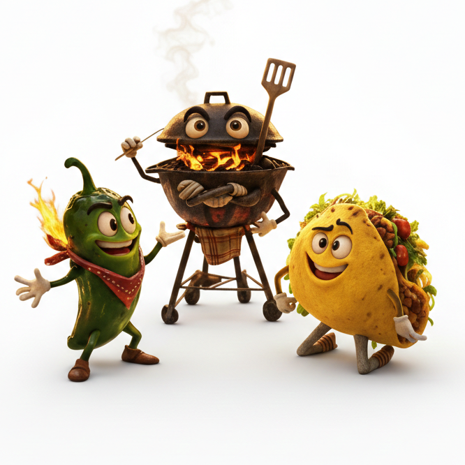 The Jalapeño, The Taco, and The Grill performing at a restaurant table