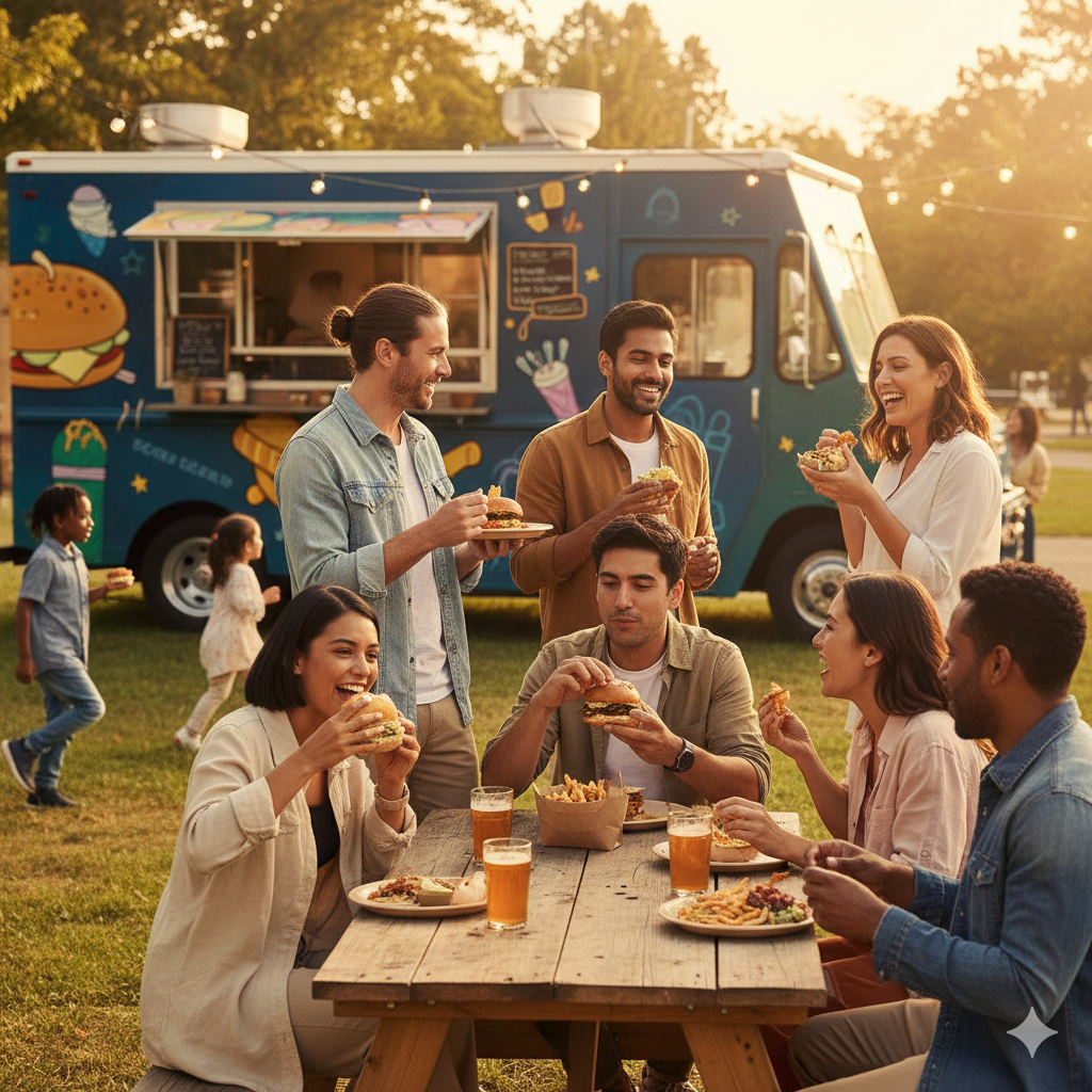 Happy customers enjoying food outside a food truck