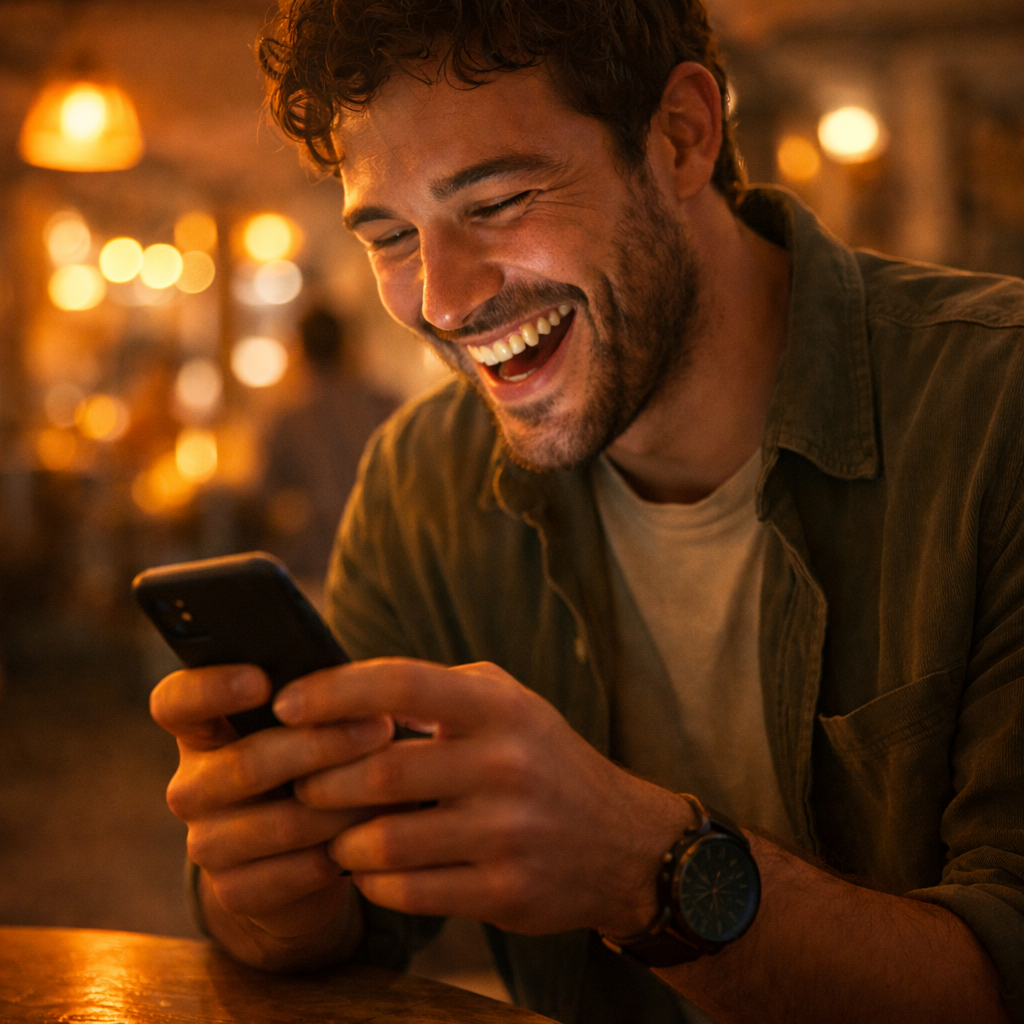 Customer laughing at their phone