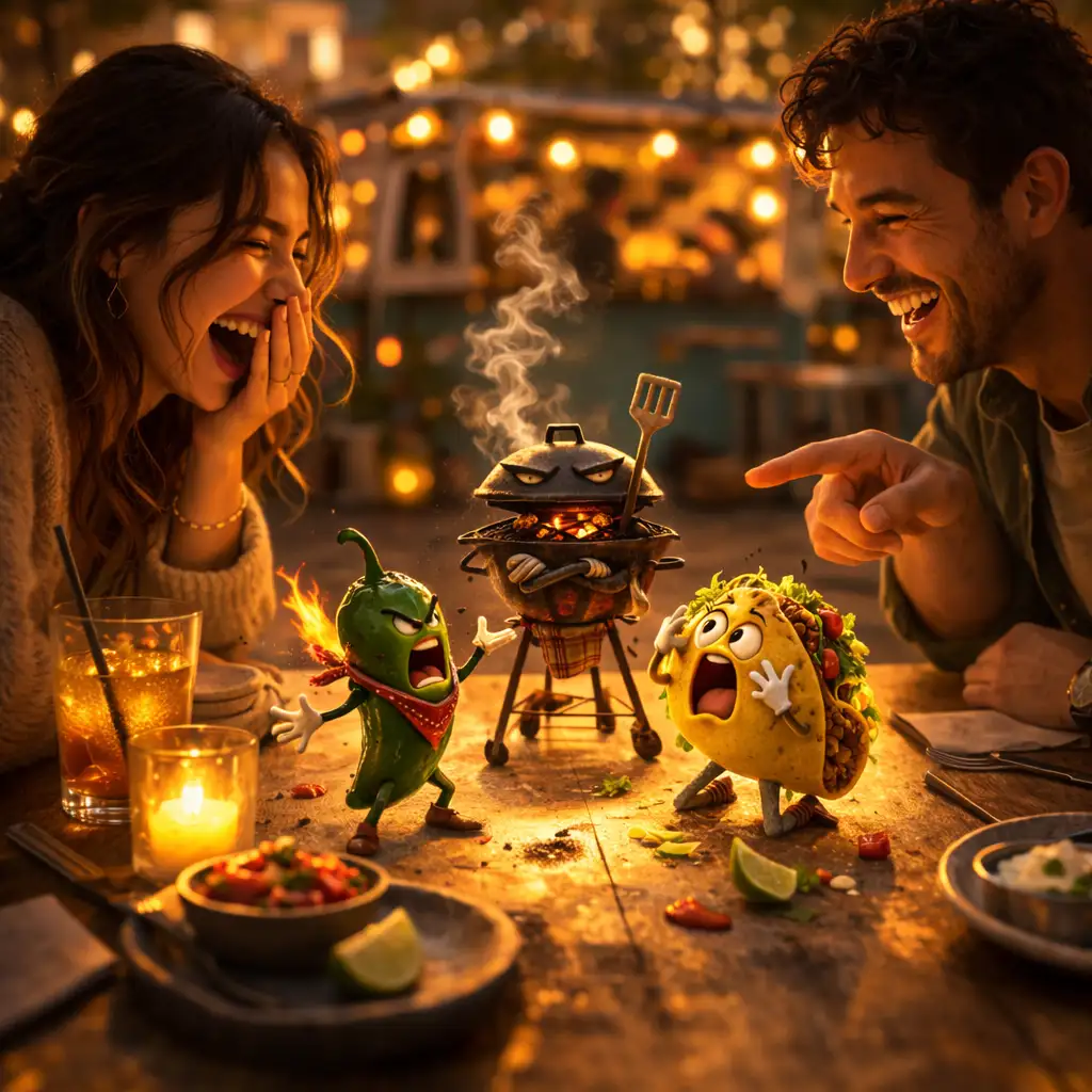 Characters performing a scene at a restaurant table while customers laugh